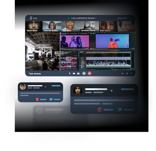 5th Kind CORE Collaborate Room interface with real-time video conferencing and timeline editing