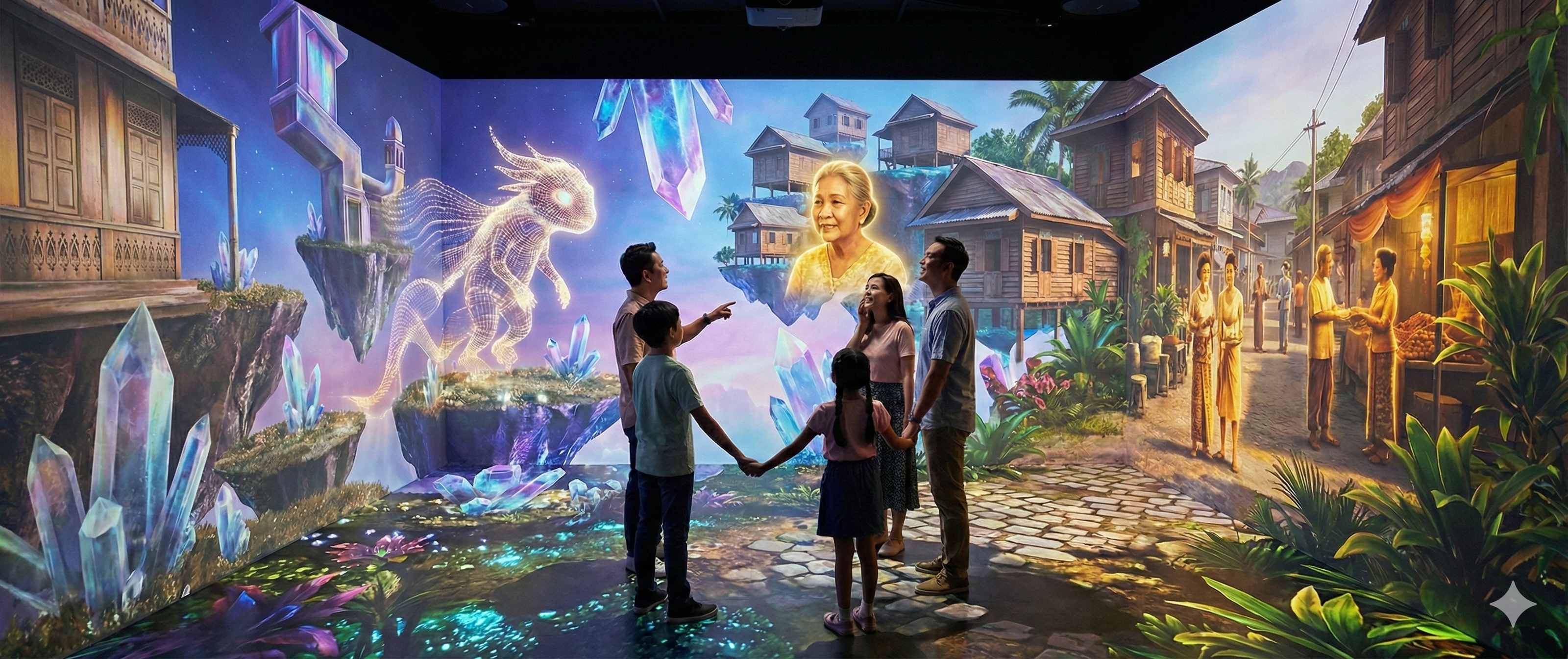 Family experiencing immersive heritage visualization together