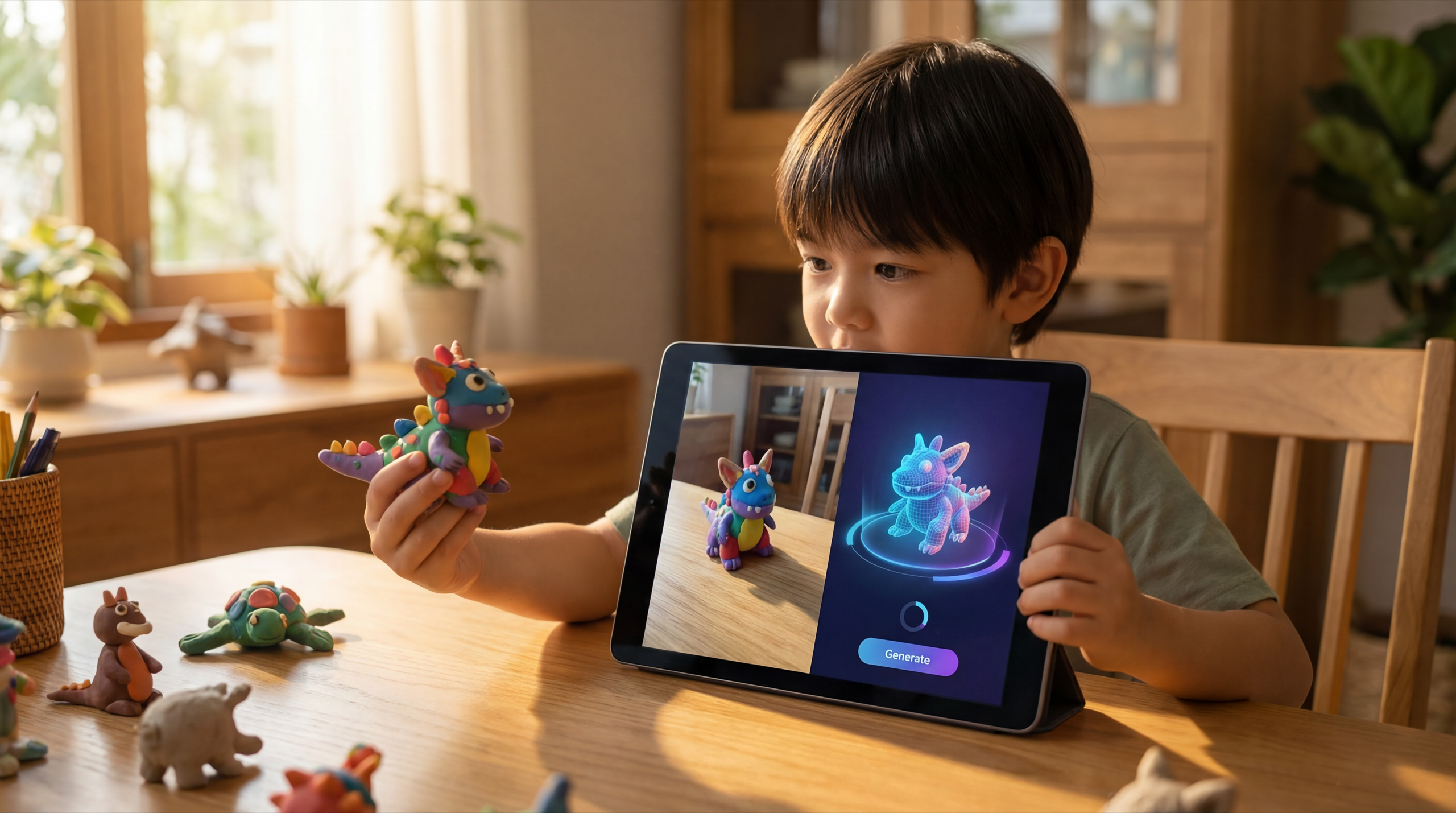 Boy translating clay creation into digital world using AI