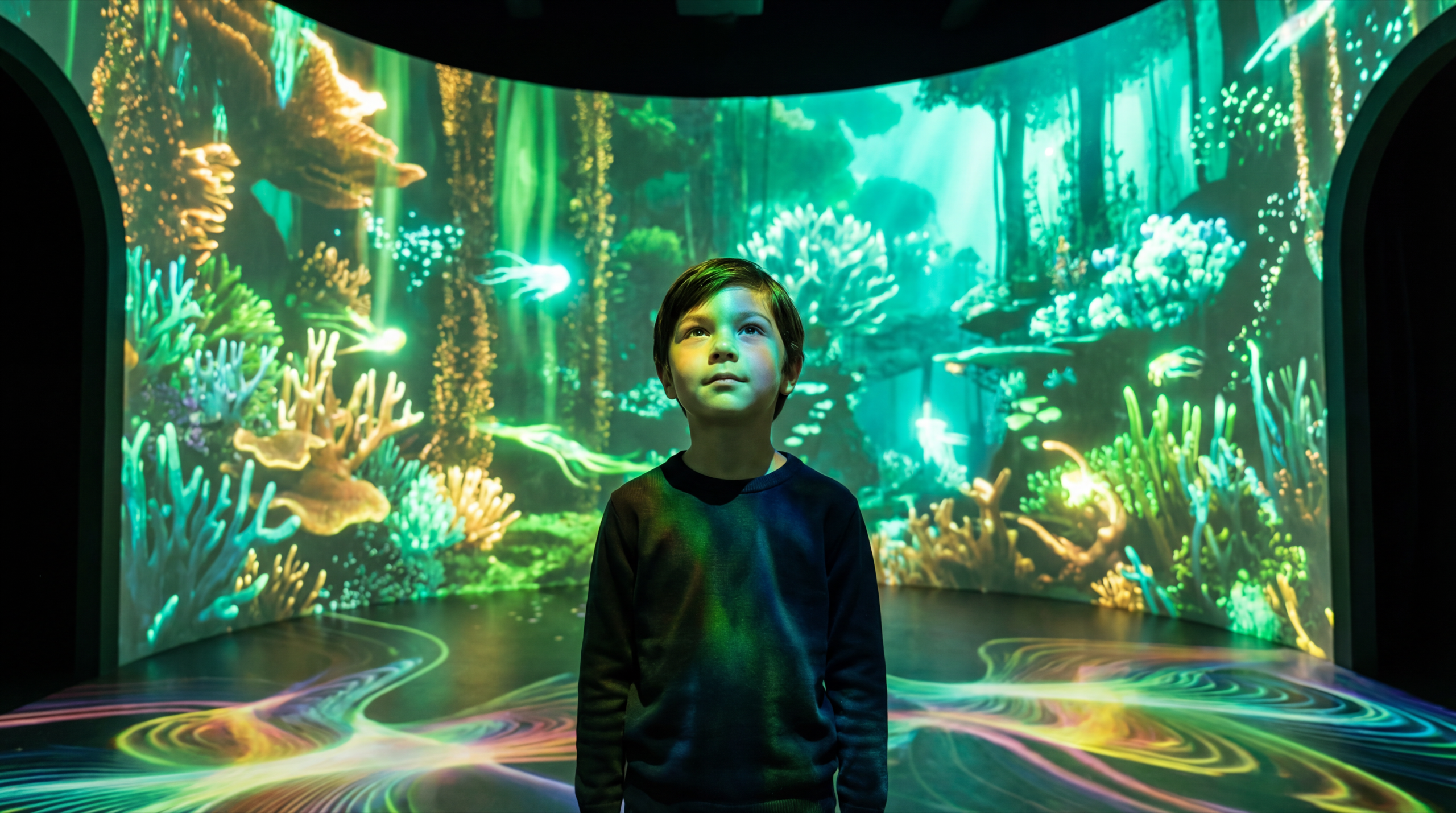 Boy experiencing immersive AI-generated jungle world